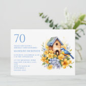Vogel Vogelhuis Blauw Geel Bloemen 70e Verjaardag Kaart (Staand voorkant)