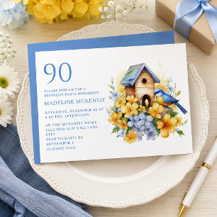 Vogel Vogelhuis Blauw Gele Bloemen 90ste Verjaarda Kaart