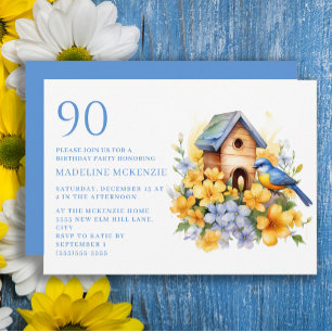 Vogel Vogelhuis Blauw Gele Bloemen 90ste Verjaarda Kaart