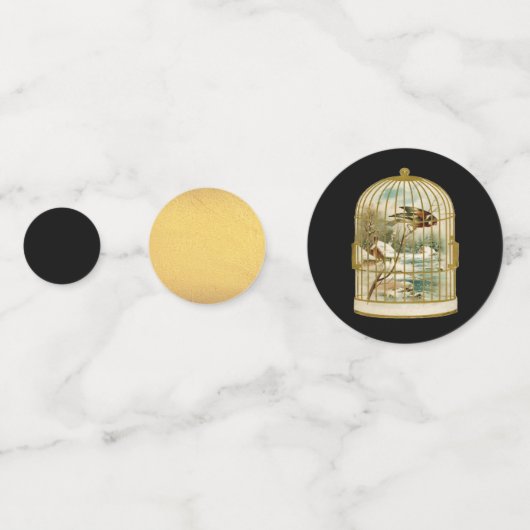 Vogel Winter Cabin Scene in Goud Vogelkooi Zwart Confetti (Achterkanten)