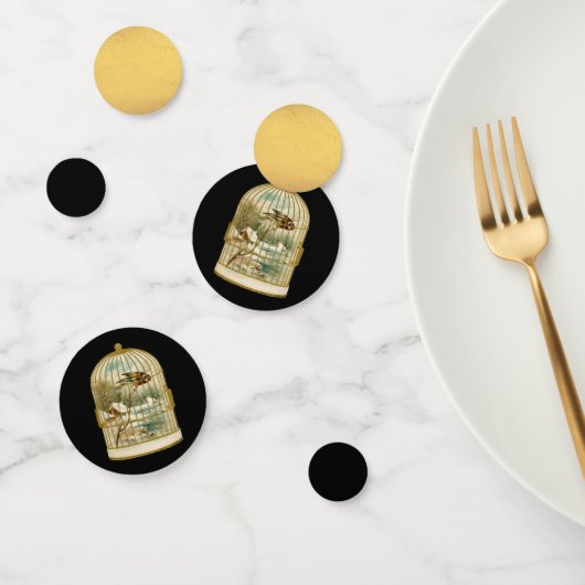 Vogel Winter Cabin Scene in Goud Vogelkooi Zwart Confetti (Groep)