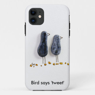 Vogel zegt 'tweet' schattig blauw keramisch paar iPhone 11 hoesje