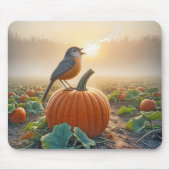 Vogel zingt op een Oranje pompoen Muismat (Voorkant)