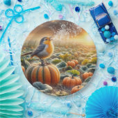 Vogel zingt op een pompoen papieren bordje (Feest)