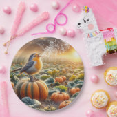 Vogel zingt op een pompoen papieren bordje (Feest)