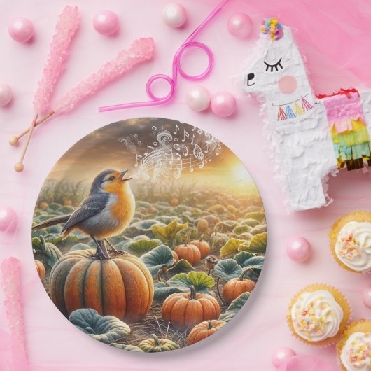 Vogel zingt op een pompoen papieren bordje (Feest)