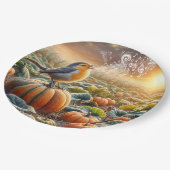 Vogel zingt op een pompoen papieren bordje (Gekanteld)