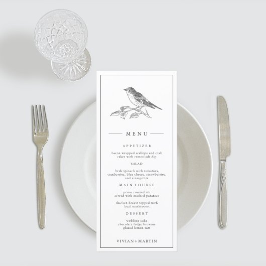 vogel zwart-wit bruiloft menu