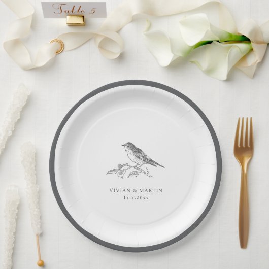 vogel zwart-wit bruiloft papieren bordje (Huwelijk)