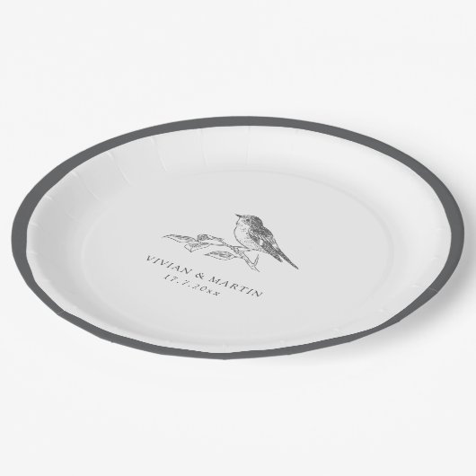 vogel zwart-wit bruiloft papieren bordje (Gekanteld)