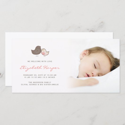 Vogelaankondiging van de zoete Damask Chicks Baby  Aankondiging (Voorkant / Achterkant)