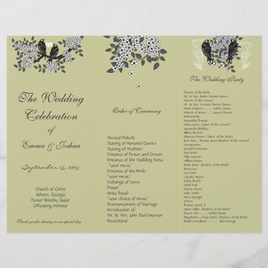 vogelafdeling TriFold Wedding-programma (Voorkant)