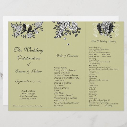  vogelafdeling TriFold Wedding-programma (Voorkant / Achterkant)