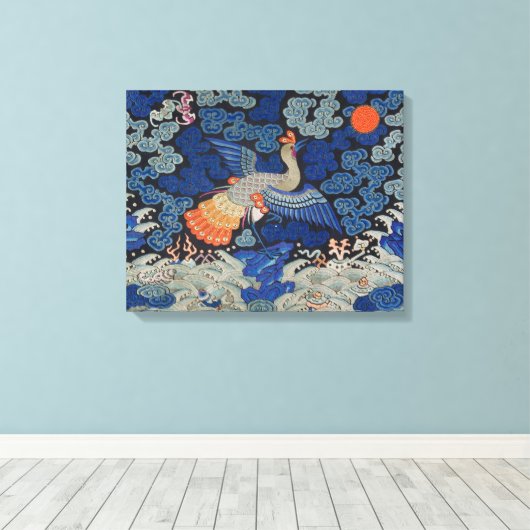 Vogelblauw Chinees borduurwerk Canvas Afdruk (Insitu (Houten vloer))