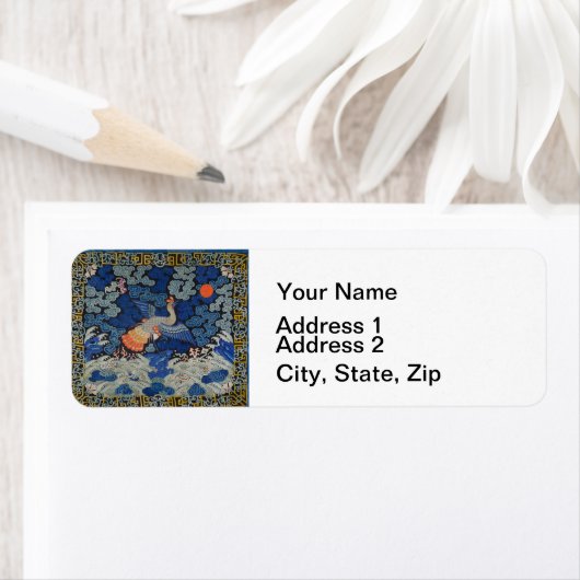 Vogelblauw Chinees borduurwerk  Etiket (Insitu)