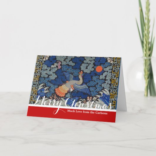 Vogelblauw Chinees borduurwerk Feestdagen Kaart (Voorkant)