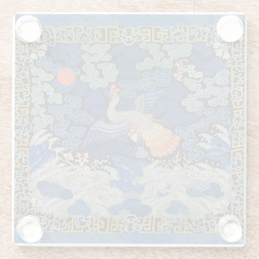 Vogelblauw Chinees borduurwerk  Glazen Onderzetter (Achterkant)