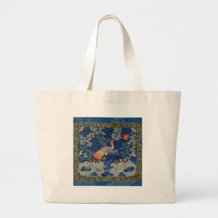 Vogelblauw Chinees borduurwerk  Grote Tote Bag