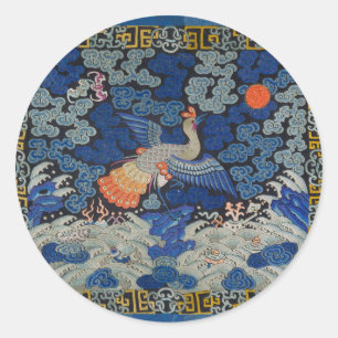 Vogelblauw Chinees borduurwerk  Ronde Sticker