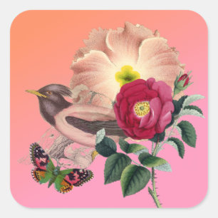  vogelbloemen vlinder koraal roze collage vierkante sticker