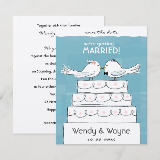 Vogelbride en bruidegom van het huwelijk sparen de save the date (Voorkant / Achterkant)