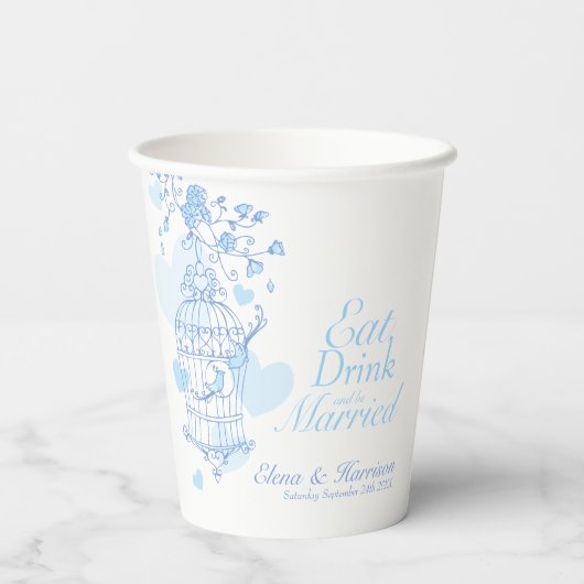  Vogelbruiloft met aangepaste naam blauw en wit Papieren Bekers (Achterkant)