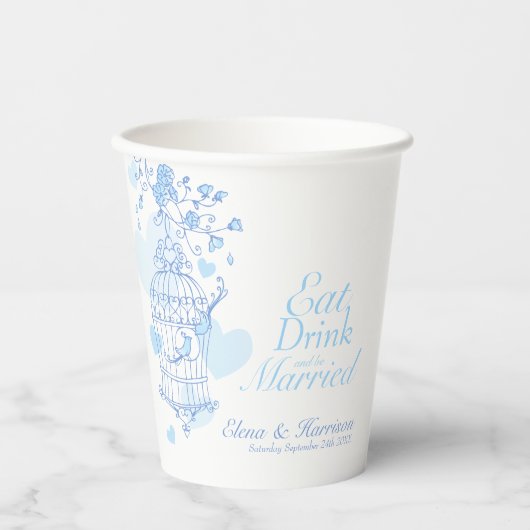  Vogelbruiloft met aangepaste naam blauw en wit Papieren Bekers (Voorkant)