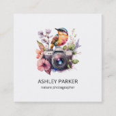 Vogelcamera en bloemen vierkante visitekaartje (Voorkant)