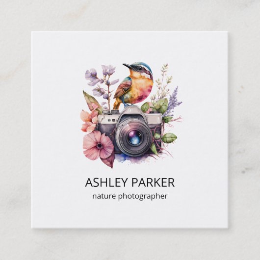 Vogelcamera en bloemen vierkante visitekaartje (Voorkant)