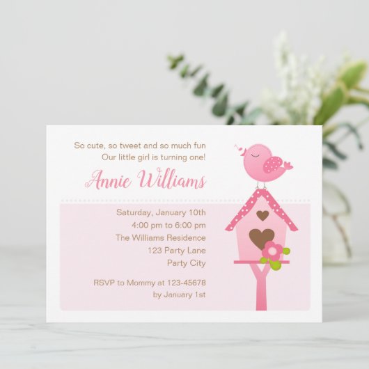 Vogeldag Uitnodigingen (Roze 1e verjaardag) (Staand voorkant)