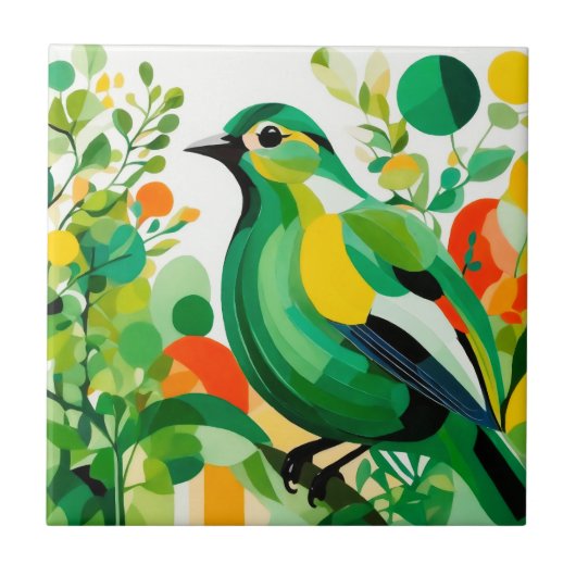 Vogelelegantie, groene Abstracte vogel op boomtak Tegeltje (Voorkant)