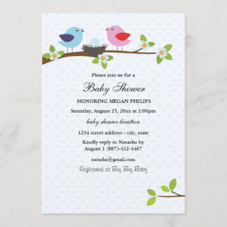 Vogelfamilie Blauwe Baby Shower Uitnodiging