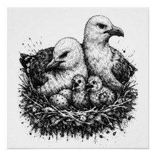 Vogelfamilienest - Mythische inktillustratie Perfect Poster