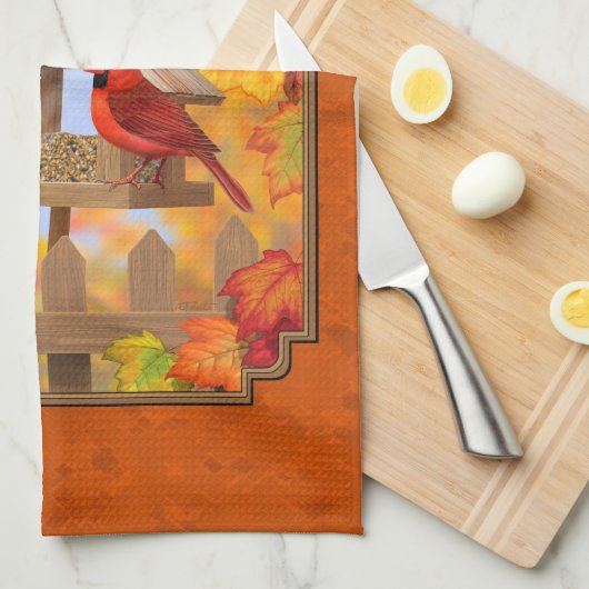 Vogelfeeder Gathering Najaar Sinaasappel Theedoek (Quarter Fold)
