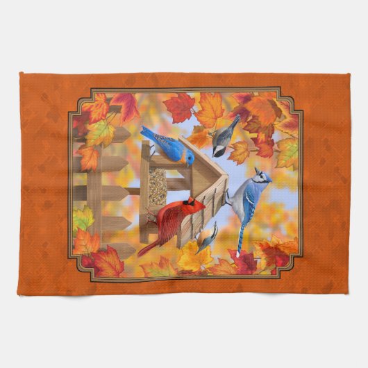 Vogelfeeder Gathering Najaar Sinaasappel Theedoek (Horizontaal)