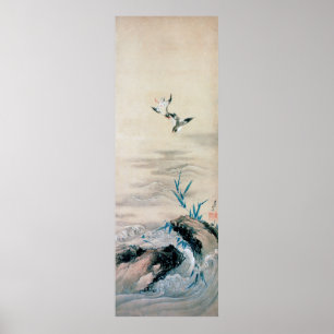 Vogelgevechten in de Mountain Stream, Hokusai Poster