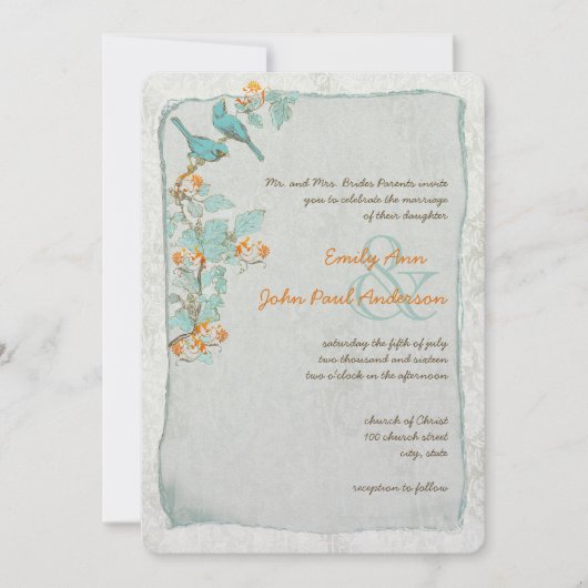  vogelgriep en Oranje Damask Wedding Kaart (Voorkant)