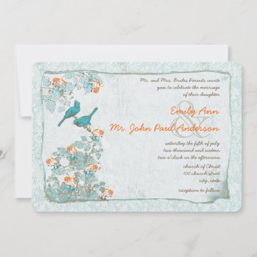  vogelgriep en Oranje Damask Wedding Kaart (Voorkant)