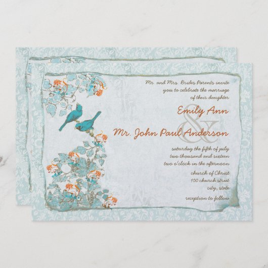  vogelgriep en Oranje Damask Wedding Kaart (Voorkant / Achterkant)