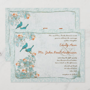 vogelgriep en Oranje Damask Wedding Kaart