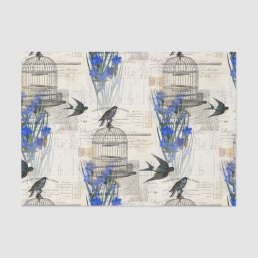  vogelgrieppapier Blauwe bloemen Tissuepapier (Voorkant)