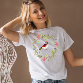 Vogelgroen blad & roze bloemen waterverf t-shirt