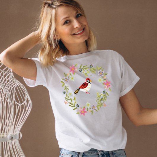 Vogelgroen blad & roze bloemen waterverf t-shirt