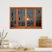 Vogelhoezen met een vleugelhoed raam - Vogelkudde Poster (Keuken)