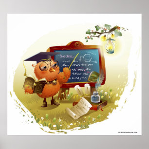 Vogelhouder met een boek en lesgeven op een bord poster