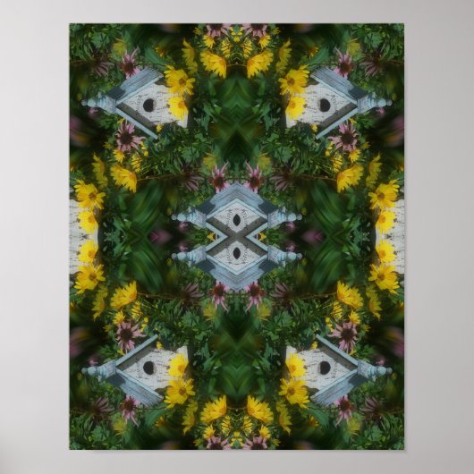 Vogelhuis Bloemen Tuin Spiegel Abstract Poster (Voorkant)