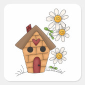 Vogelhuis met madeliefjes en hart volkskunst vierkante sticker (Voorkant)