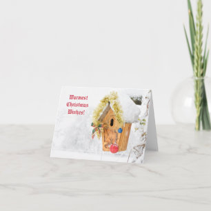 Vogelhuis met sneeuw en kerstdecoraties kaart