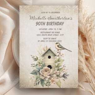 Vogelhuisje Bloemen Rustiek Vintage 90ste Verjaard Kaart
