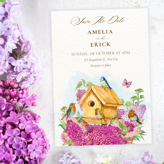 Vogelhuisje bloemige bruiloft save the date